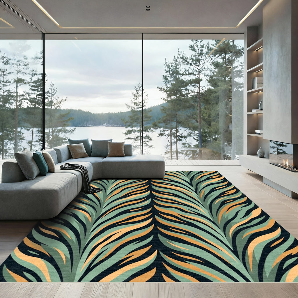 Teal Orange Abstract Zebra Stripe Rug