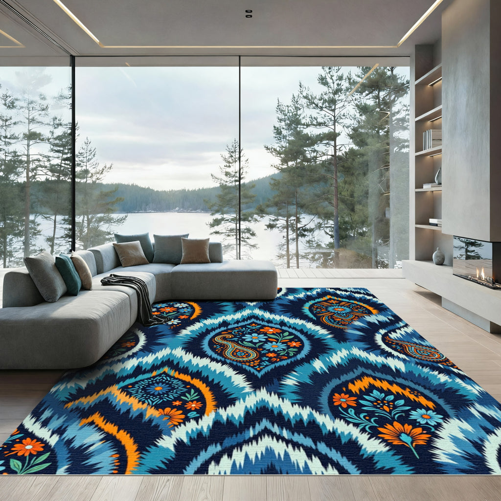 Deep Blue Orange Floral Paisley Ikat Rug