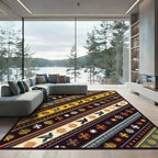 Earthy Gold Bird and Folk Star Diagonal Rug