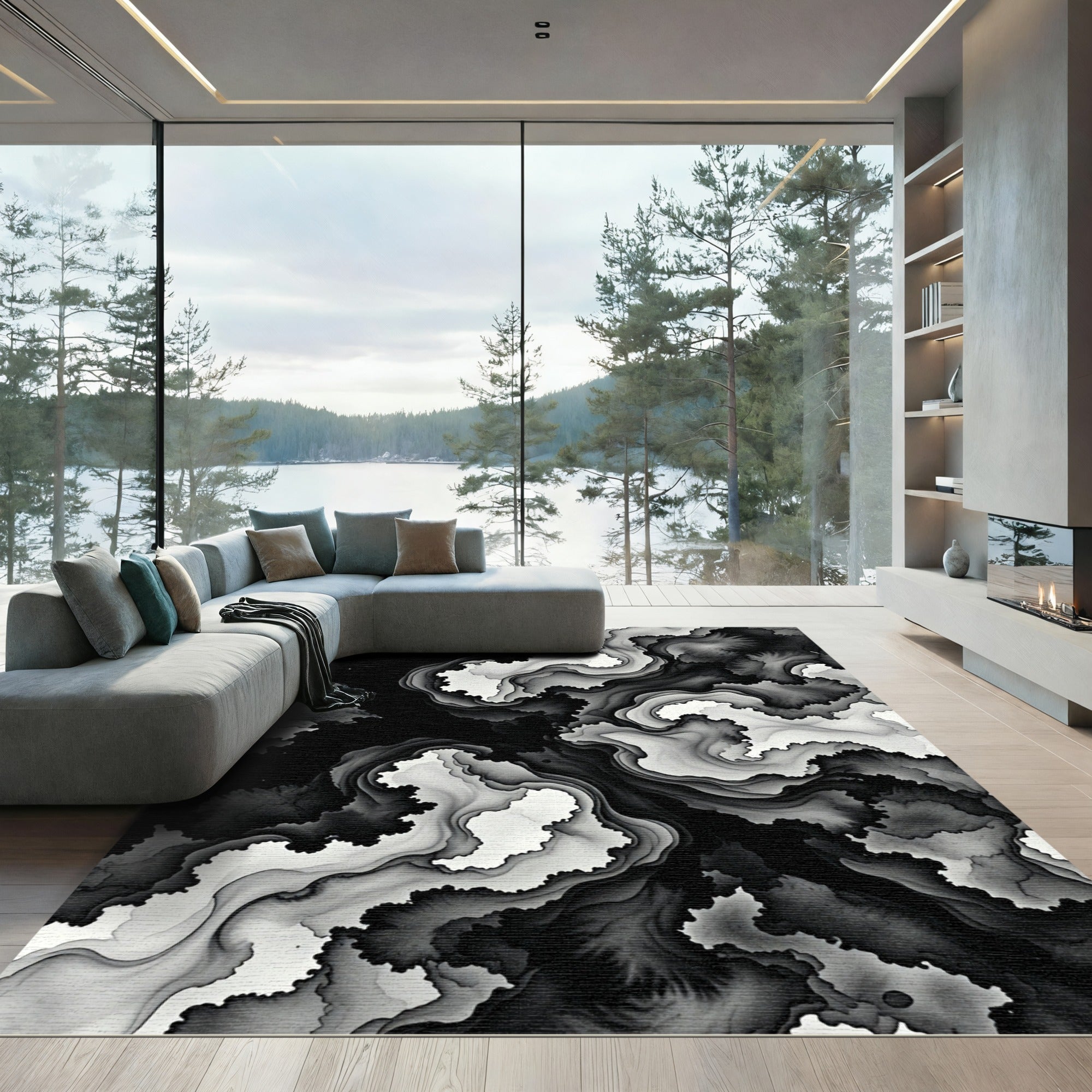 Monochrome Abstract Ink Flow Swirl Rug
