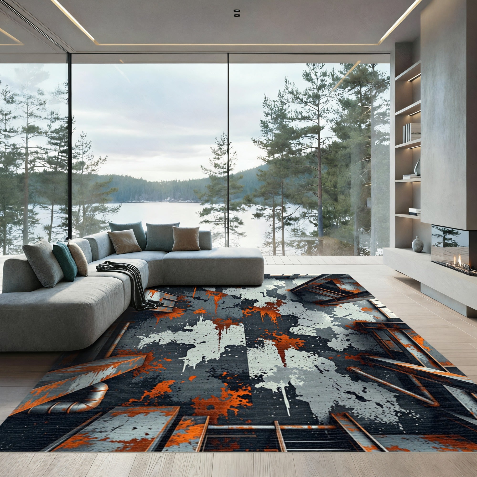 Industrial Distressed Charcoal and Rust Abstract Rug