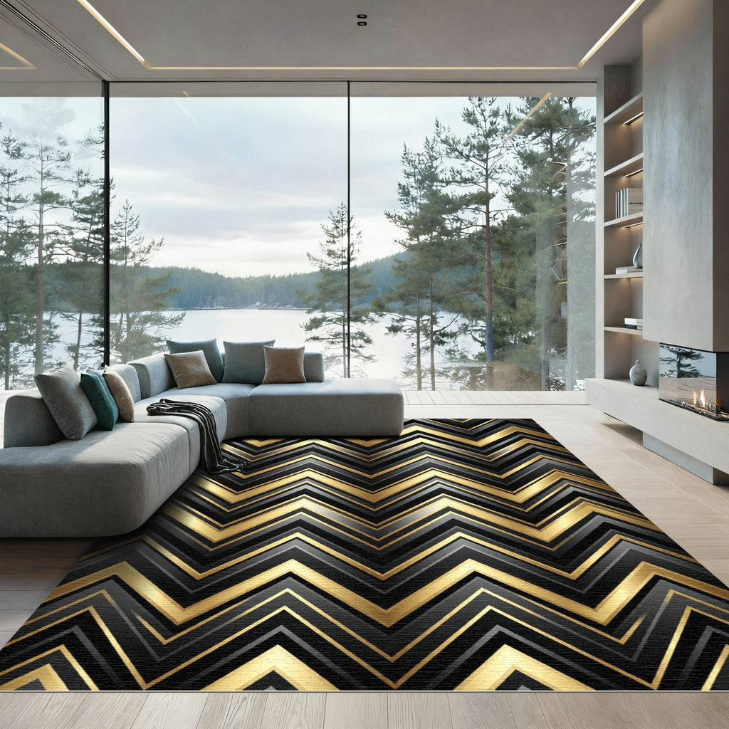 Bold Black Gold Chevron Stripes Rug