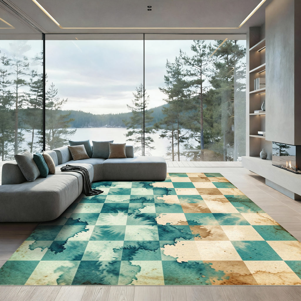 Watercolor Teal and Coffee Checkered Grid Rug