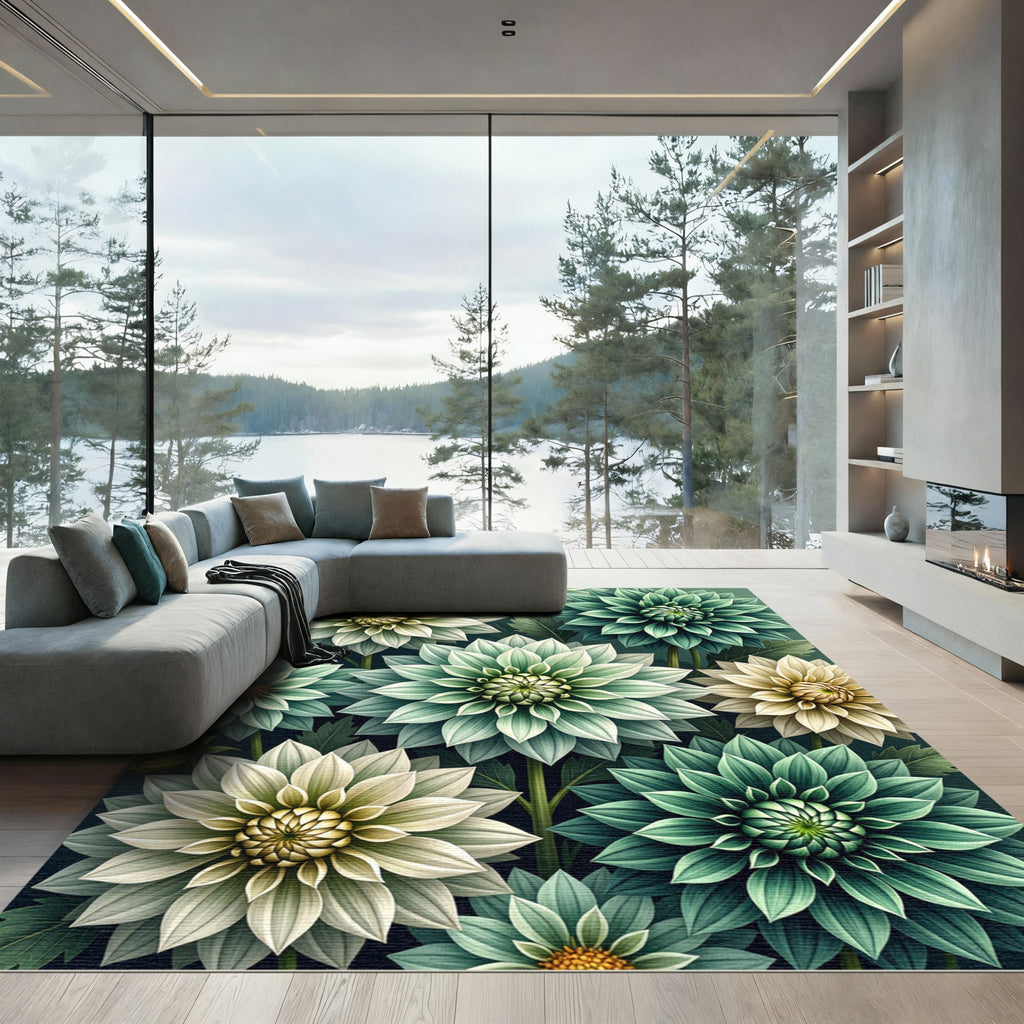 Sage and Cream Botanical Dahlia Floral Rug