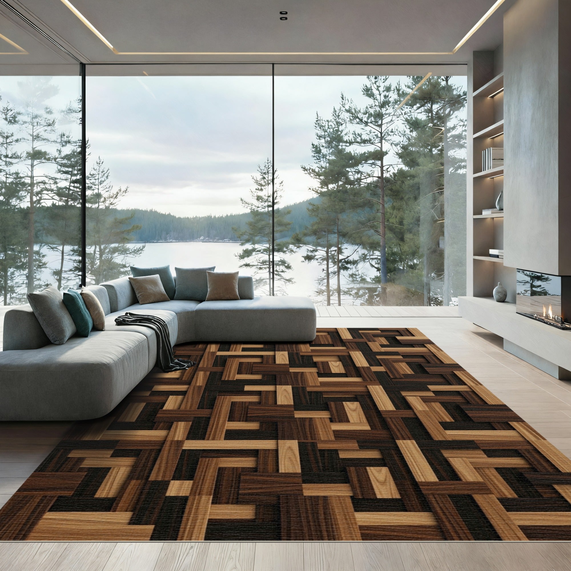Interlocking Walnut and Oak Geometric Blocks Rug