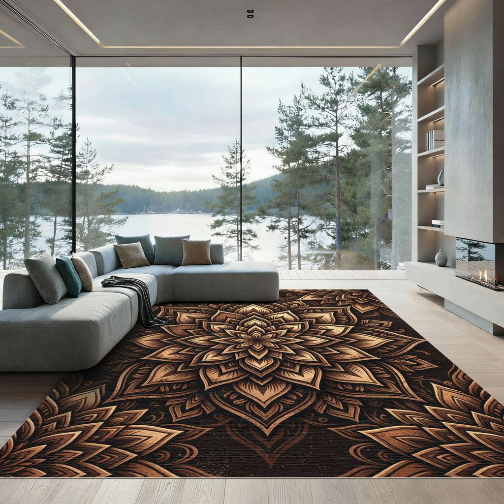 Detailed Gold Bronze Layered Lotus Medallion Rug
