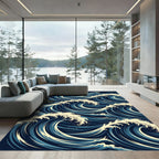 Japanese Woodblock Inspired Navy Wave Rug