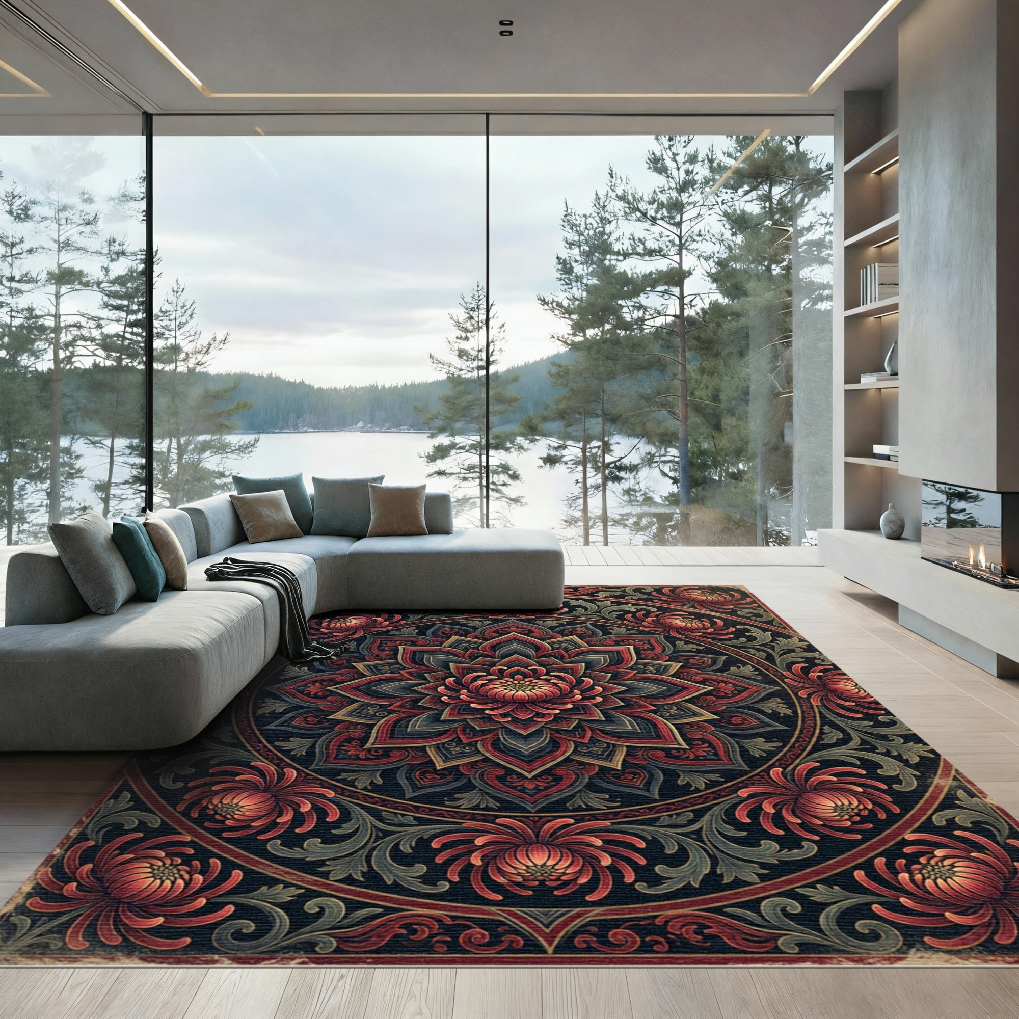 Gothic Crimson Chrysanthemum Floral Mandala Rug