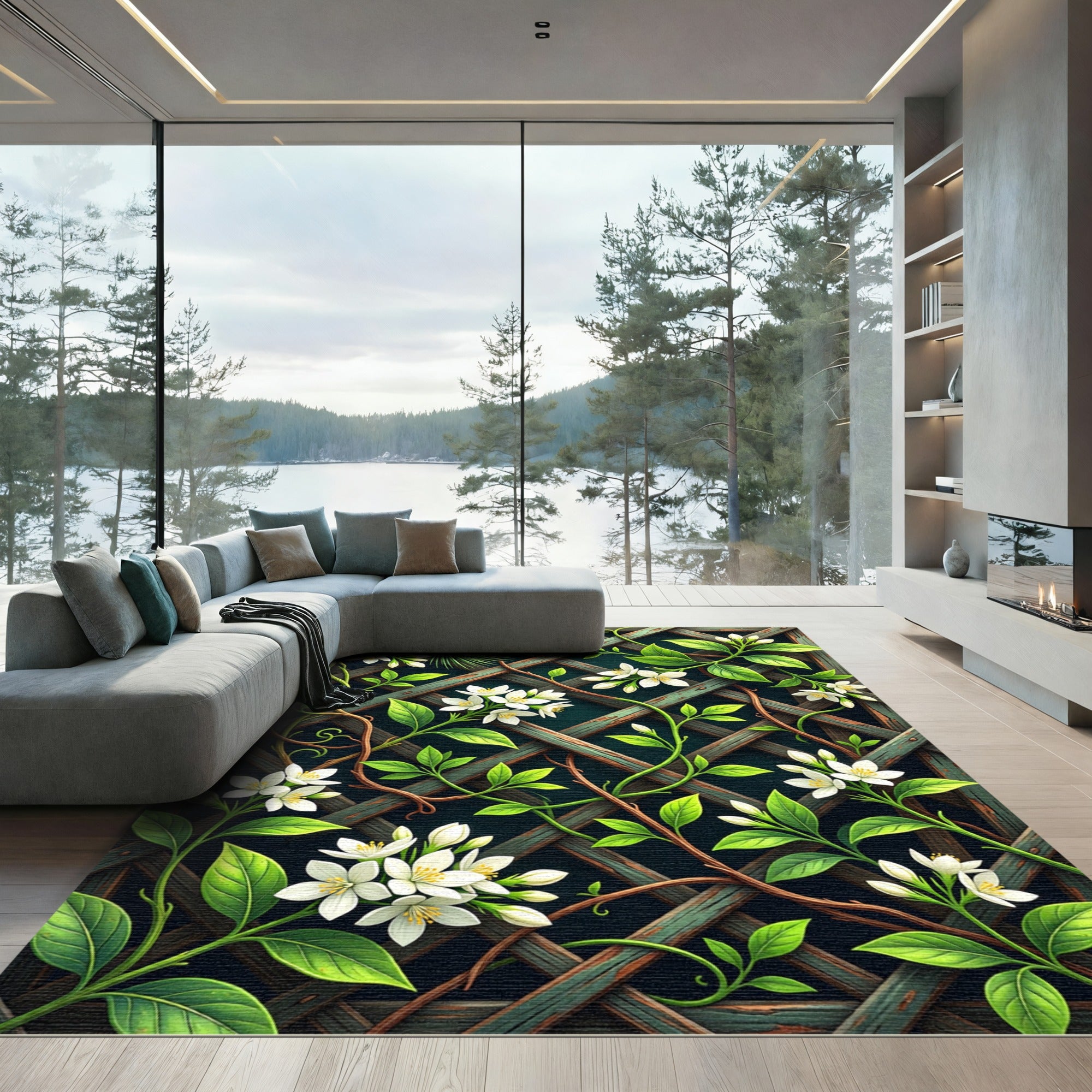 White Jasmine Vine Lattice Trellis Rug