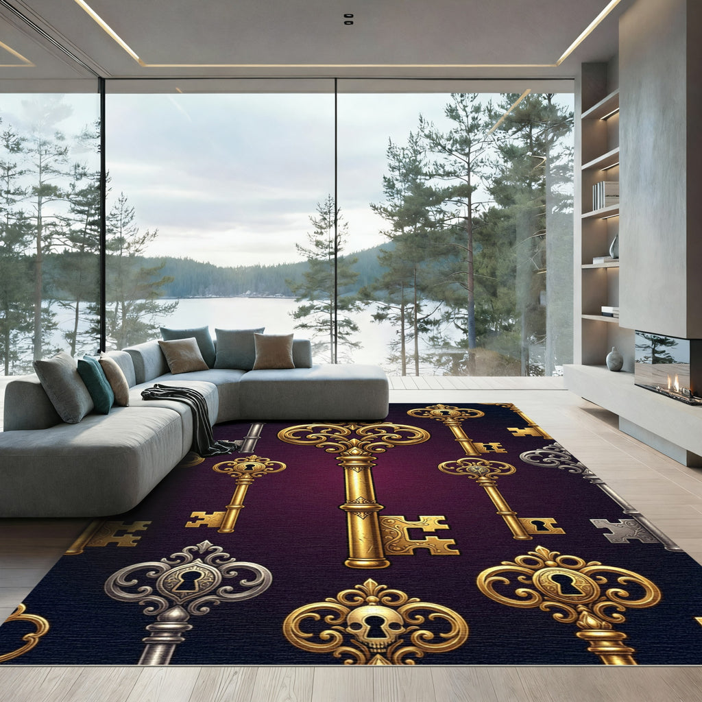 Ornate Golden Skeleton Key Illustration Rug