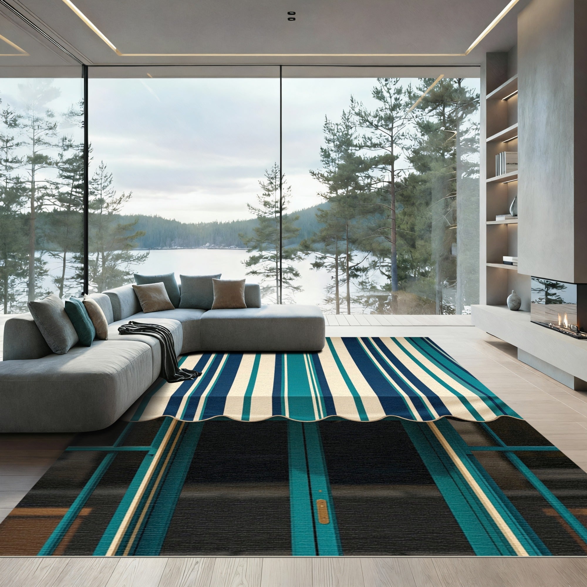 Teal and Navy Blue Vertical Stripe Rug
