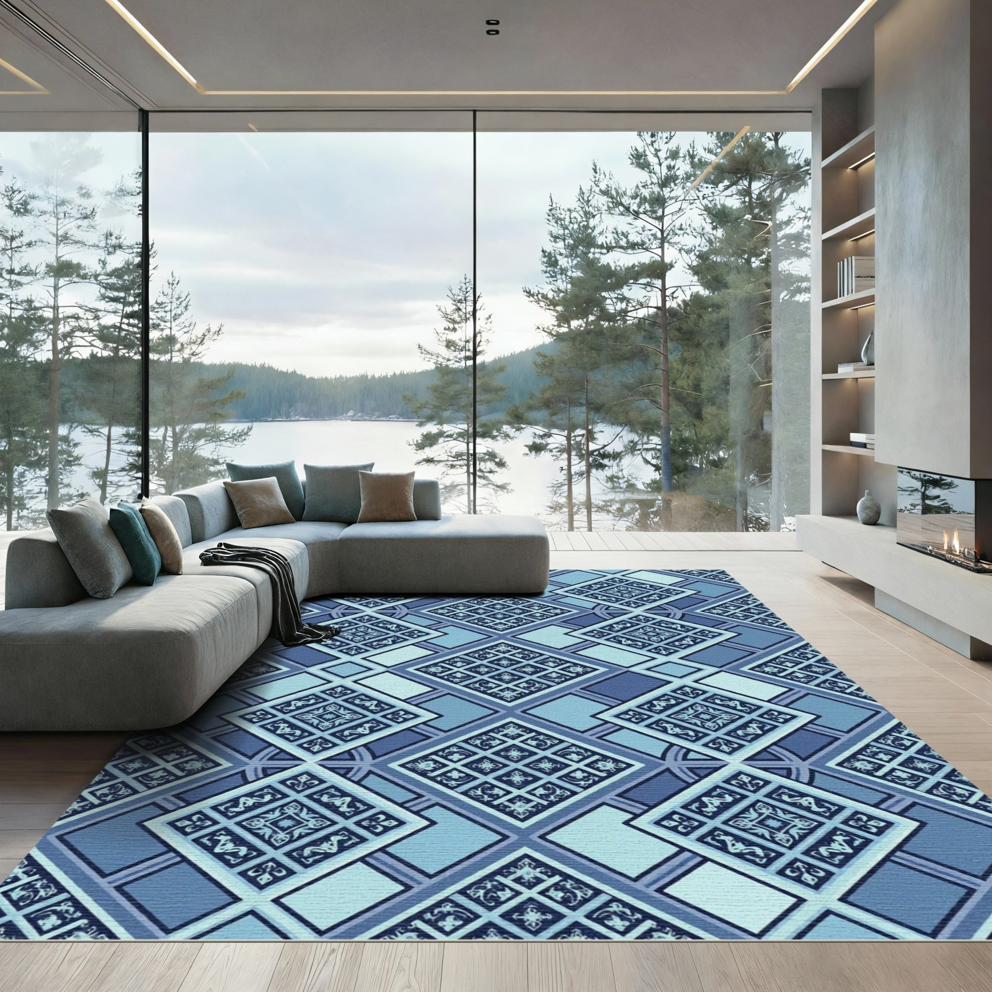 Cool Blue Geometric Diamond Tiles Rug