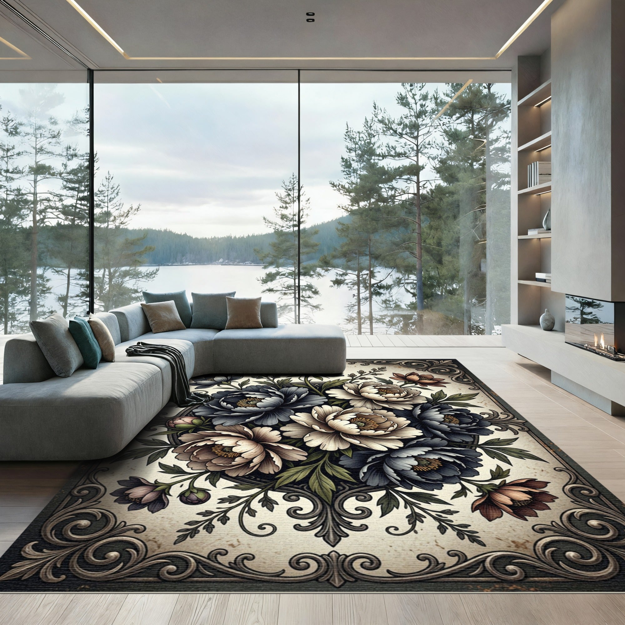 Ornate Dark Floral Bouquet Arrangement Rug