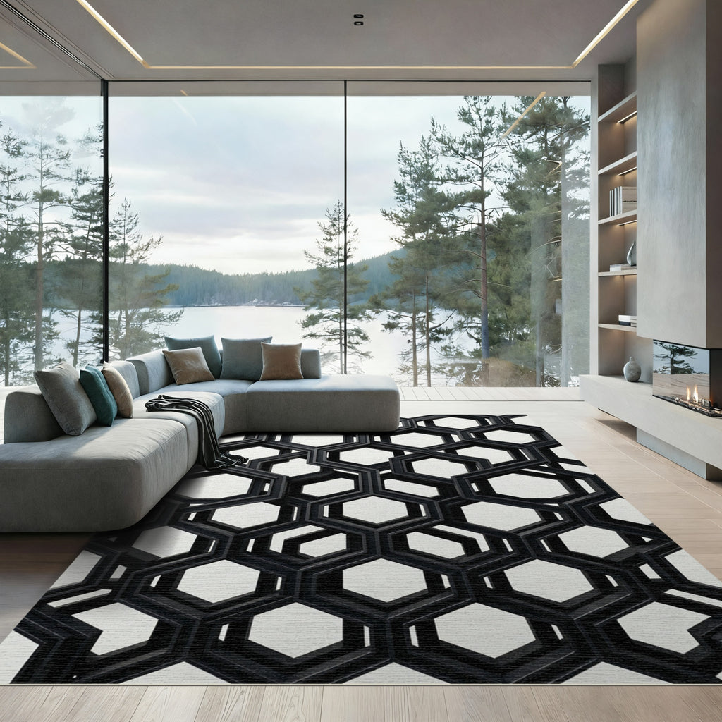 Black Geometric Hexagon Interlocking Forms Rug