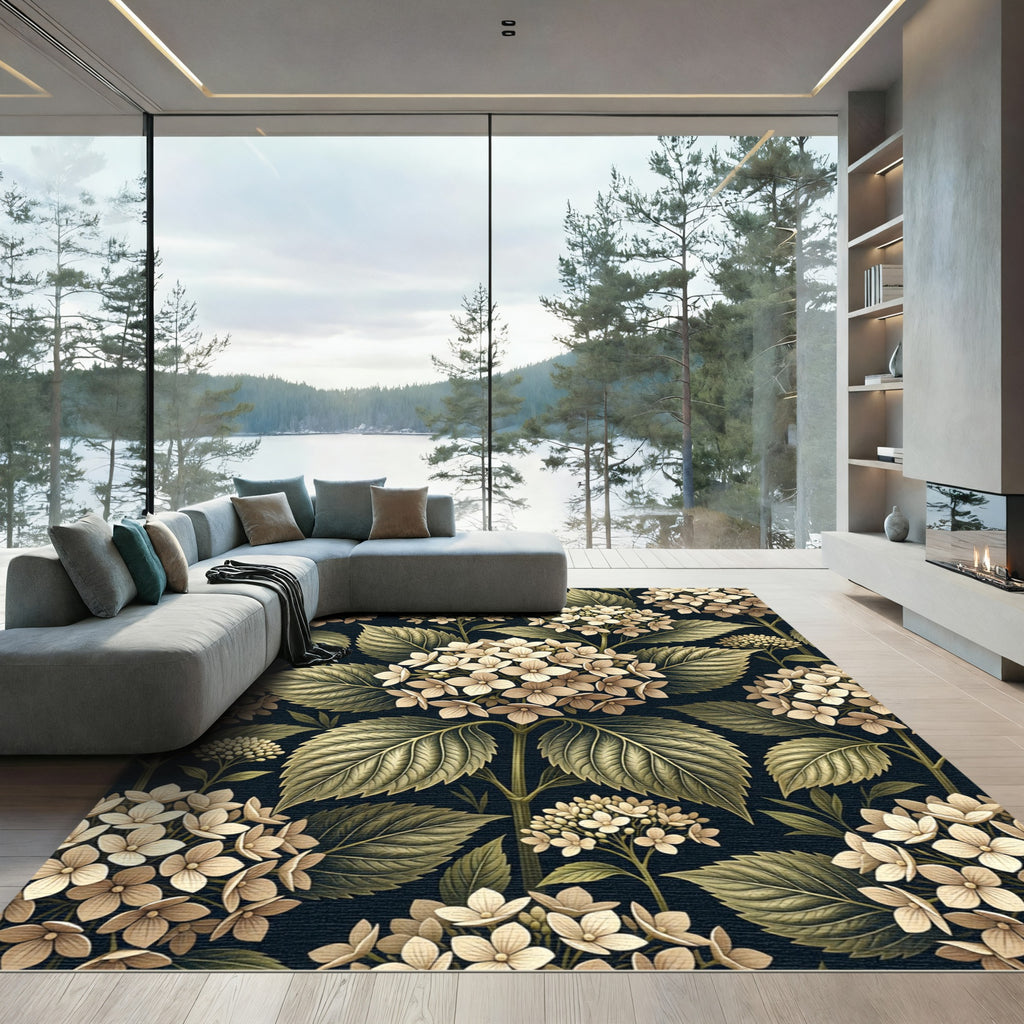 Elegant Neutral Hydrangea Botanical Illustration Rug