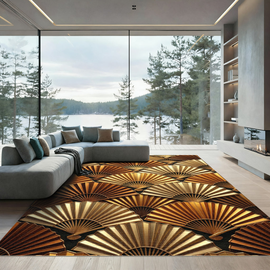 Metallic Golden Art Deco Fan Mosaic Rug