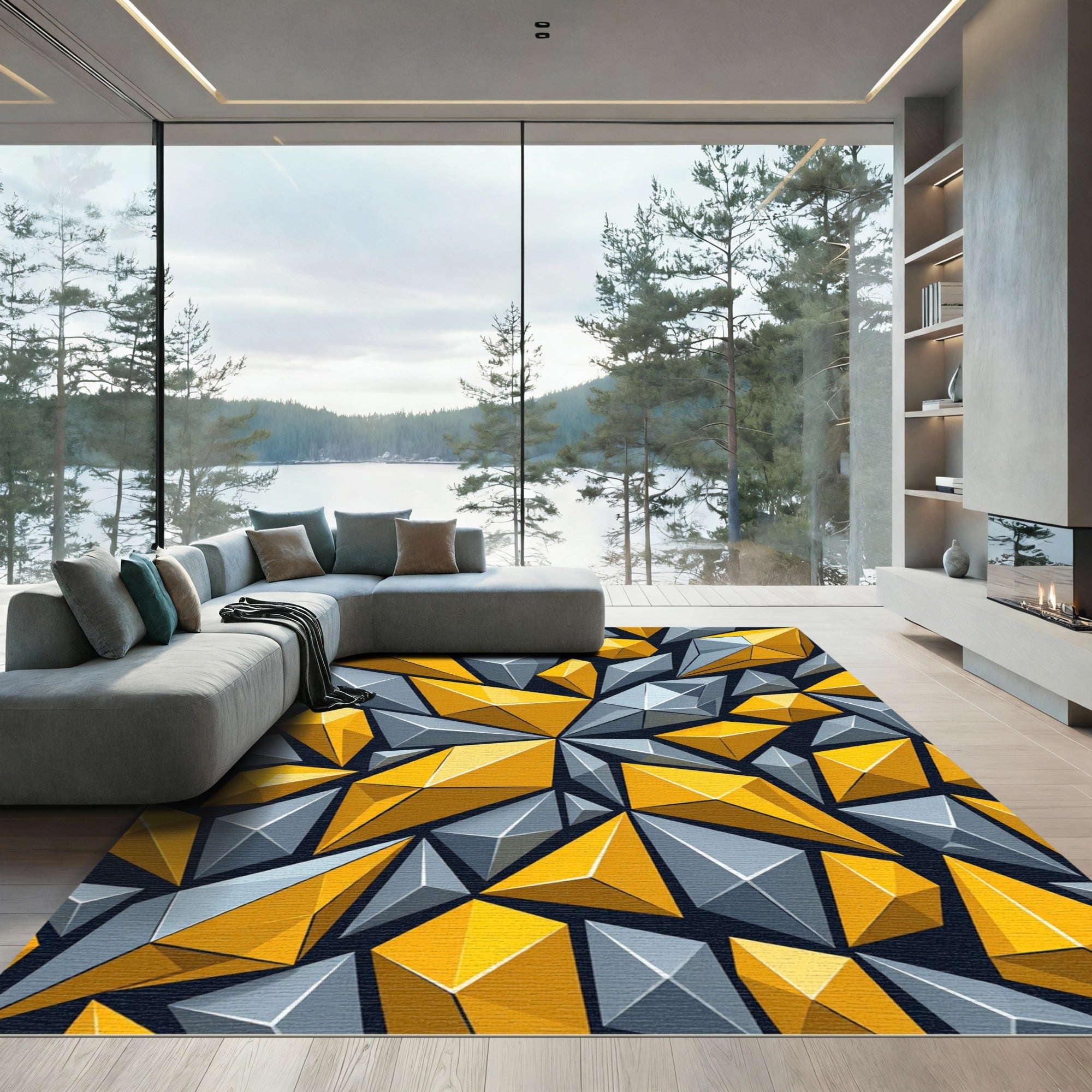 Yellow Gray Geometric Crystal Arrangement Rug