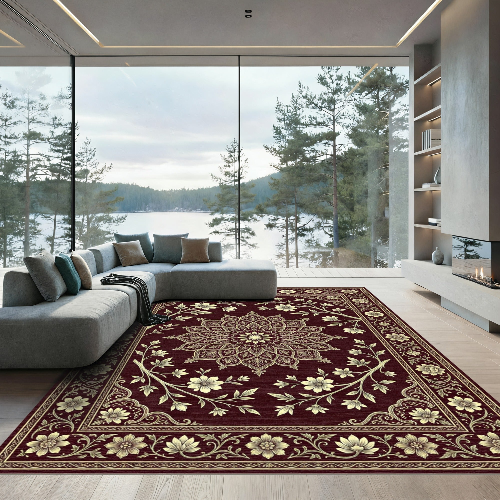 Ornate Golden Floral Vine Arrangement Rug