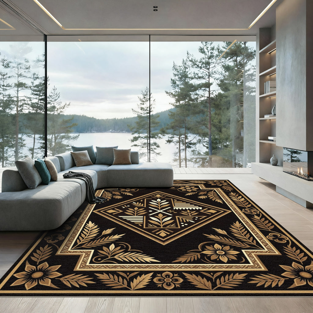 Earthy Gold Geometric Floral Medallion Rug