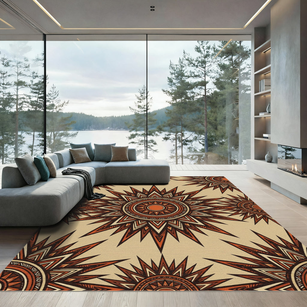 Earthy Terracotta Sunburst Geometric Medallion Rug