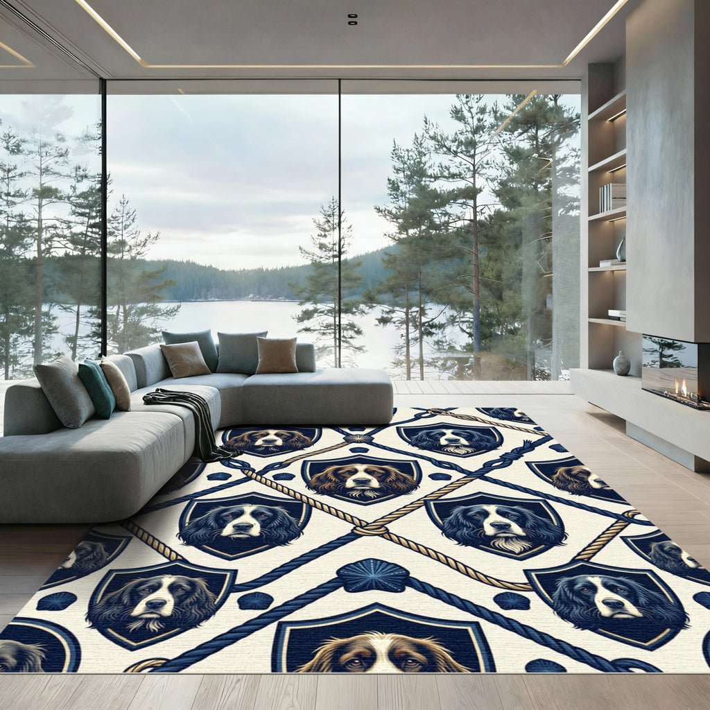Navy Nautical Hound Shield Lattice Room Decor Rug