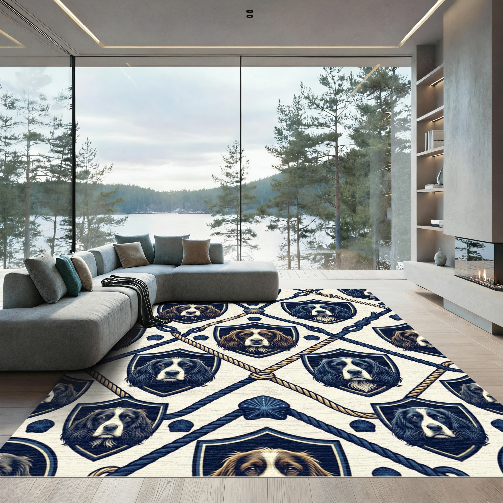 Navy Nautical Hound Shield Lattice Room Decor Rug