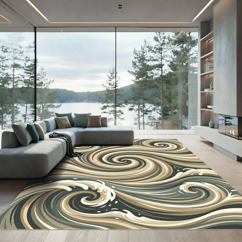 Earthy Swirling Cream and Charcoal Waves Rug