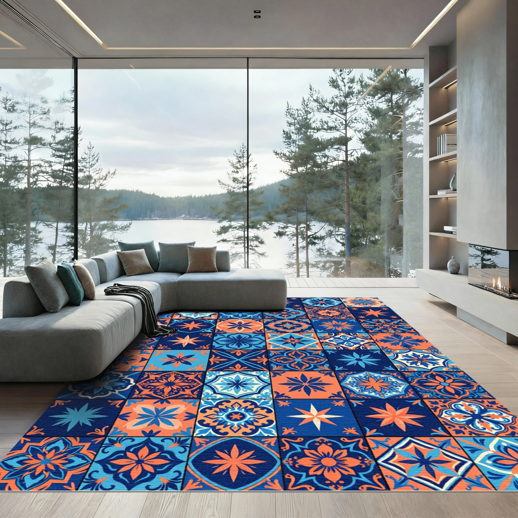 Orange Blue Floral Medallion Patchwork Rug