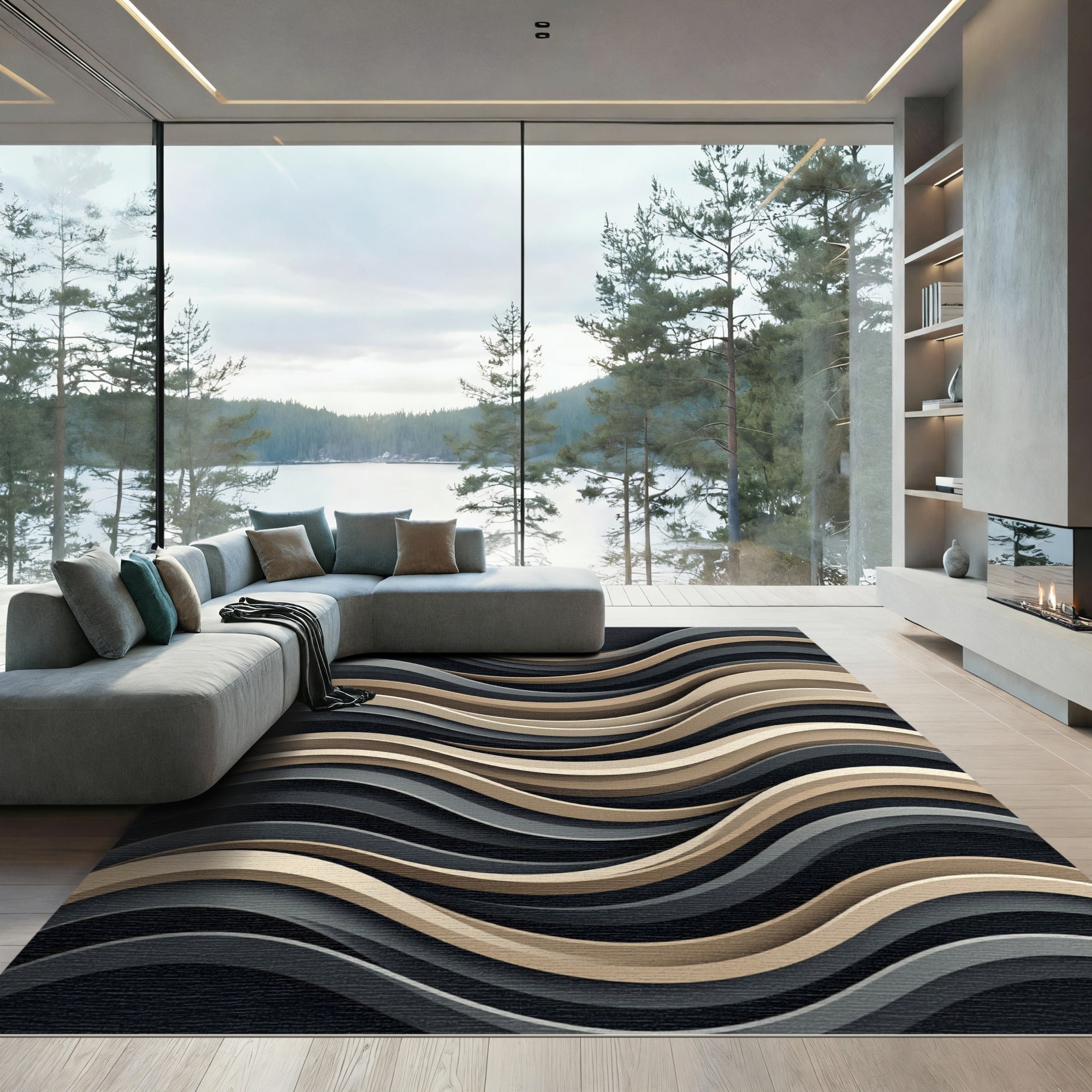 Modern Beige and Charcoal Wavy Stripe Rug