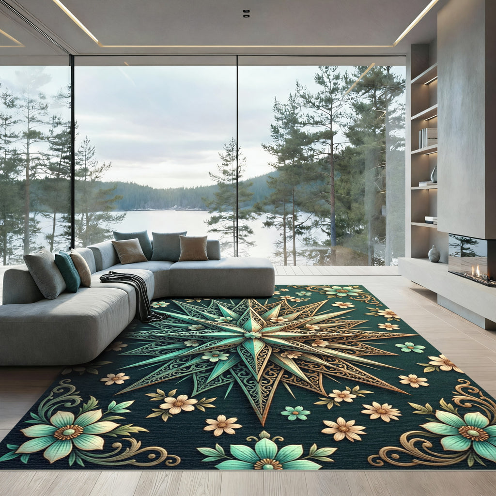 Gilded Teal Floral Geometric Star Rug