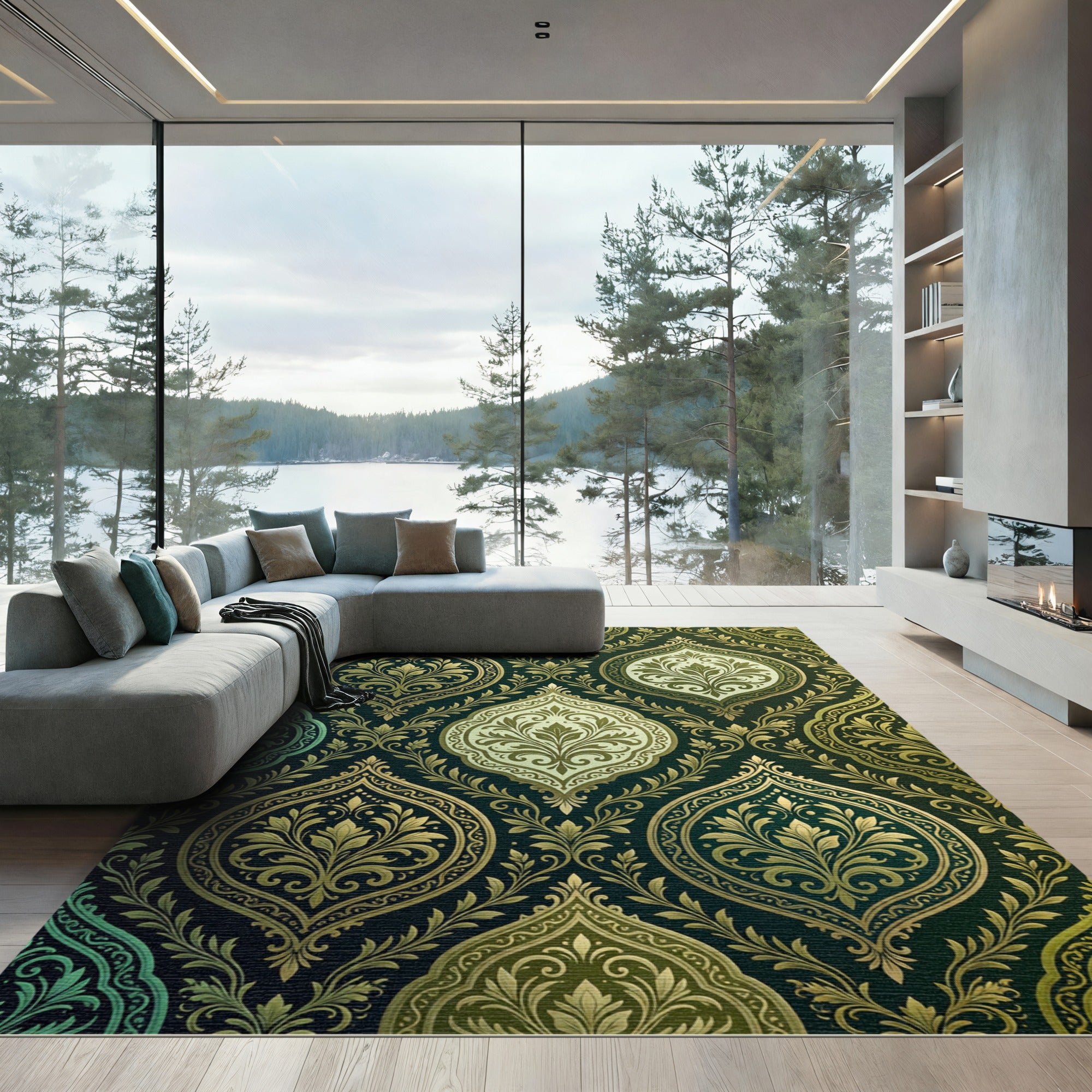 Emerald Golden Damask Floral Scroll Rug