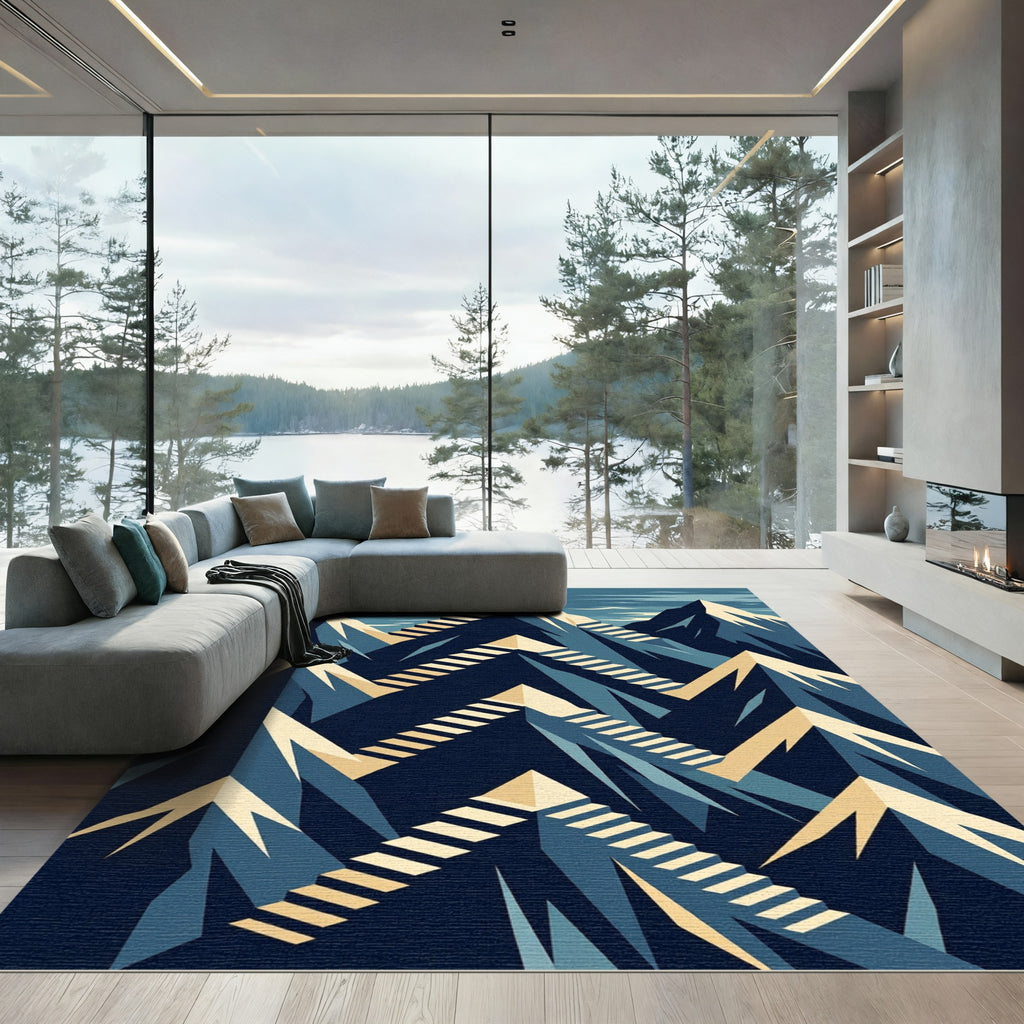 Geometric Blue Mountain Staircase Art Rug