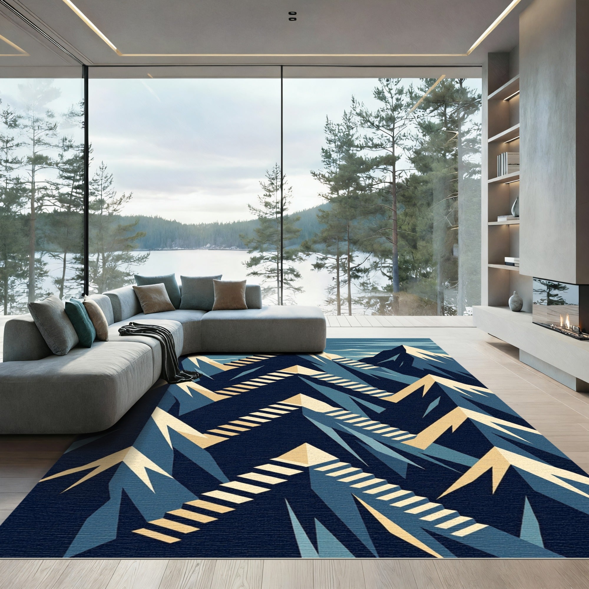 Geometric Blue Mountain Staircase Art Rug