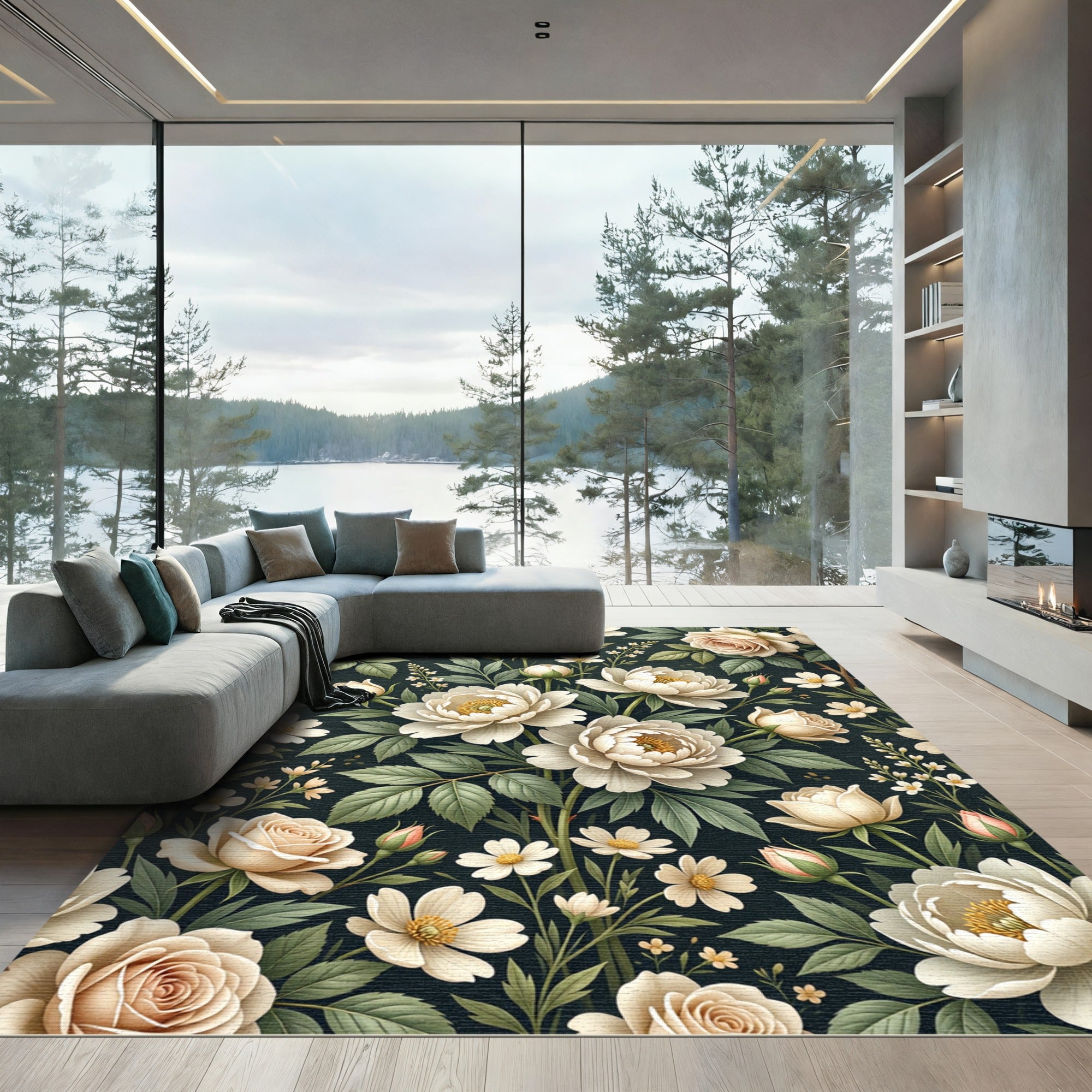 Creamy Floral Bouquet on Dark Background Rug