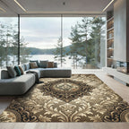Ornamental Beige Floral Damask Medallion Rug