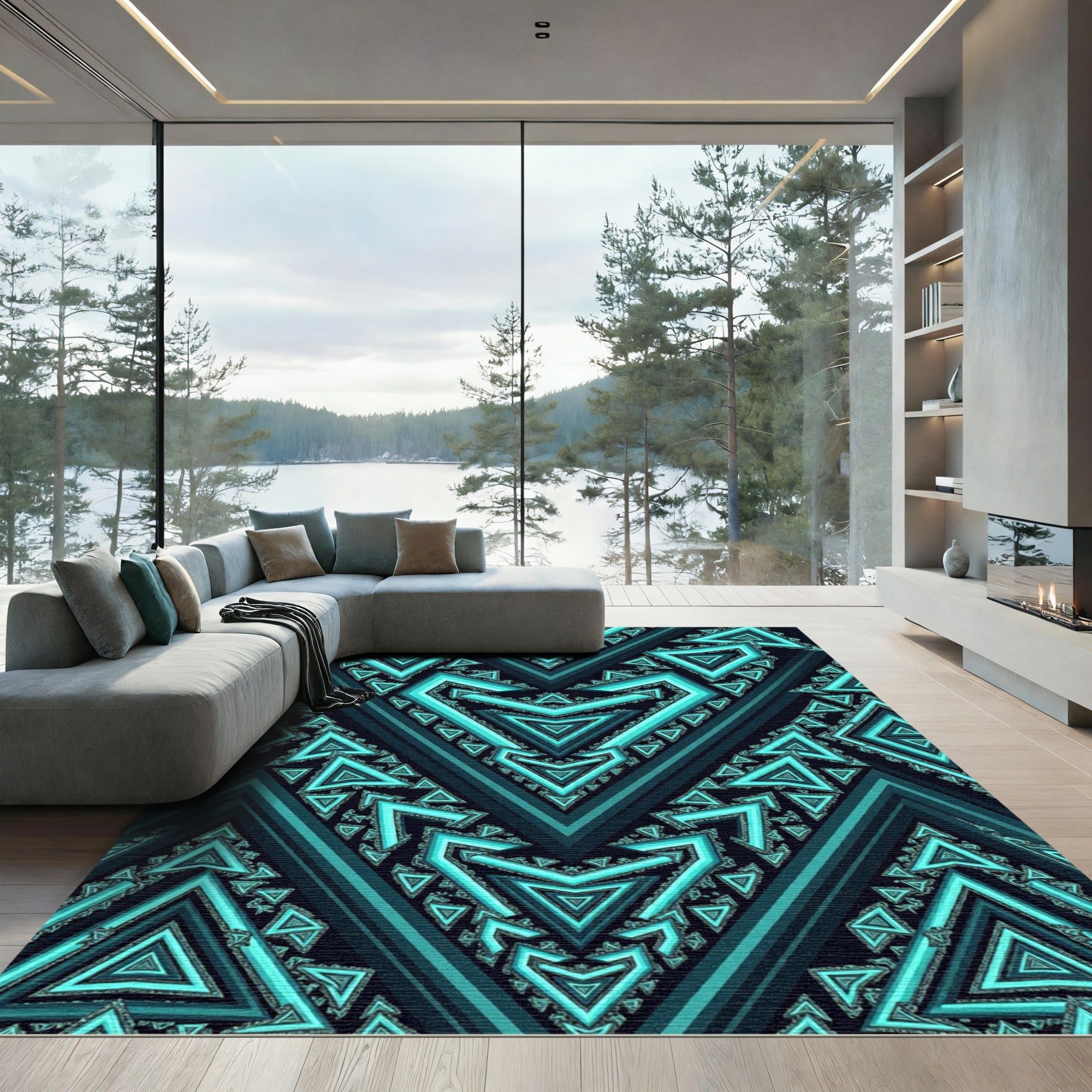 Teal Geometric Tribal Chevron Rug