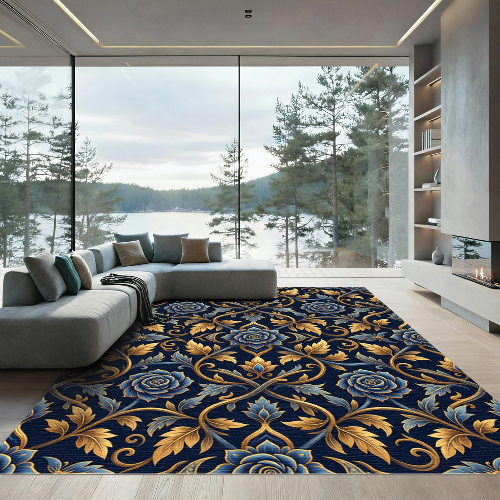 Elegant Navy Gold Ornate Floral Damask Rug
