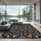 Elegant Navy Gold Ornate Floral Damask Rug
