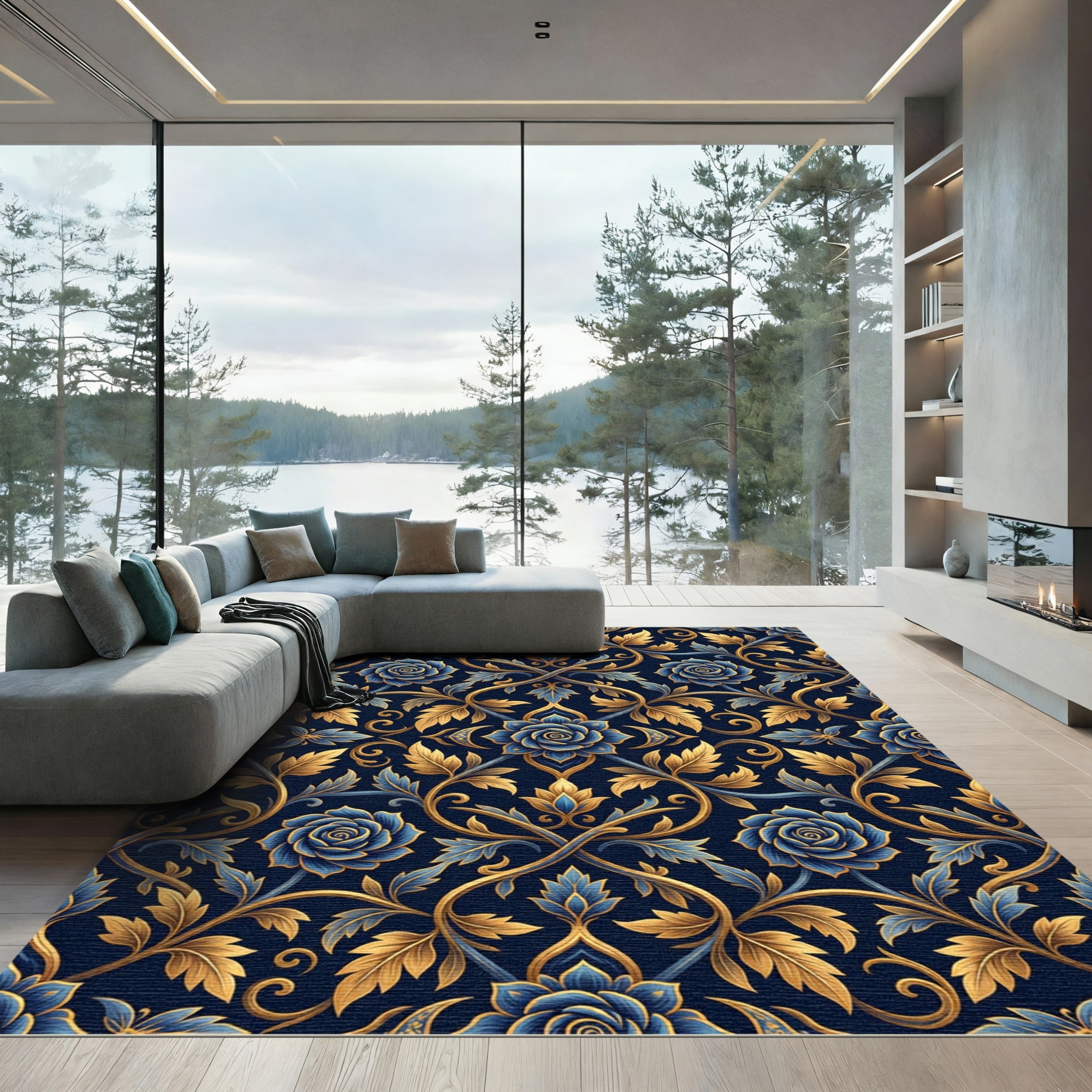 Elegant Navy Gold Ornate Floral Damask Rug