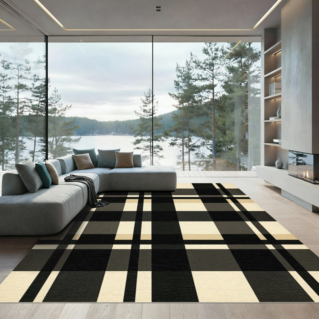 Minimalist Black and Beige Plaid Rug