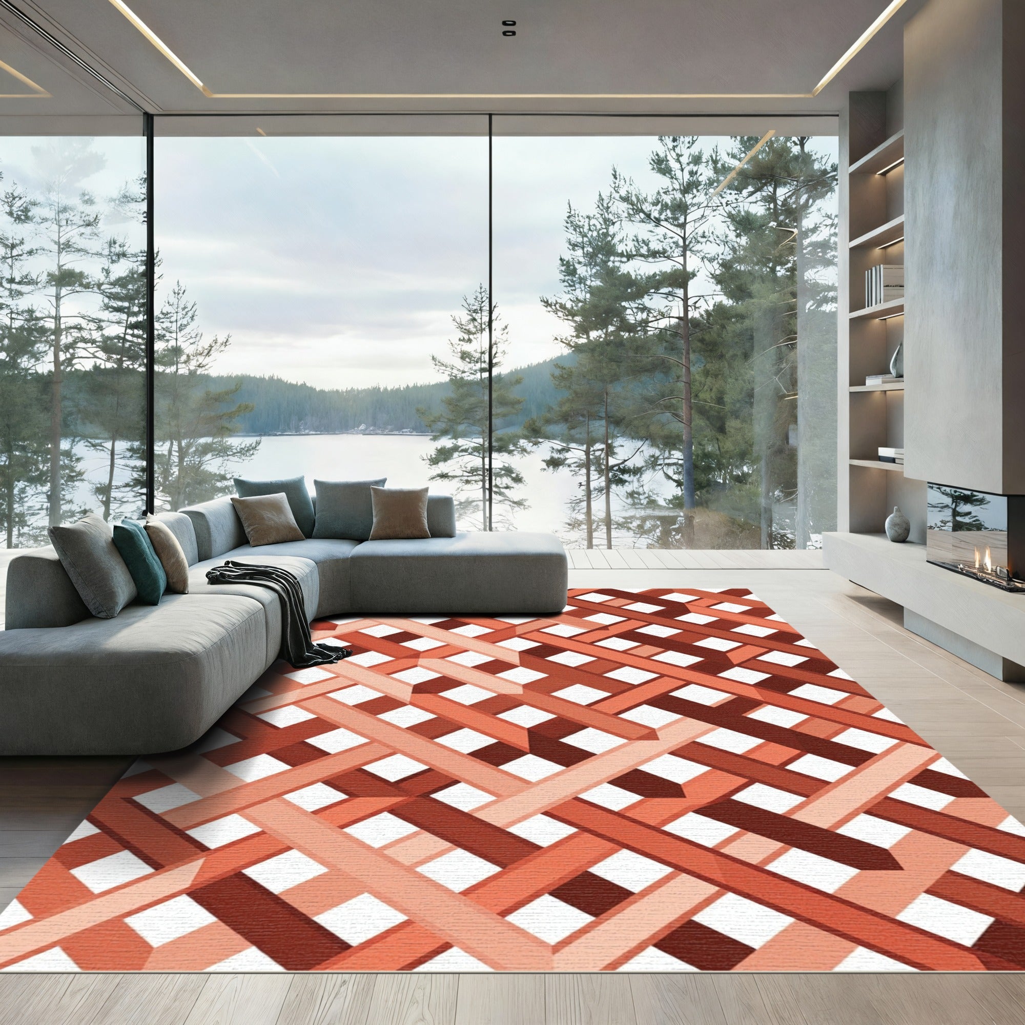 Geometric Terracotta Interwoven Lattice Rug