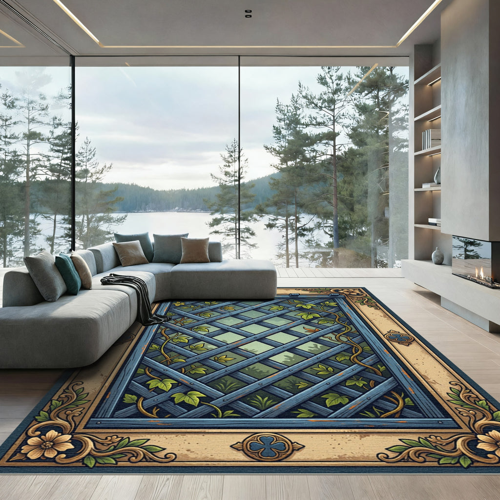 Blue Lattice Garden Vine Trellis Rug