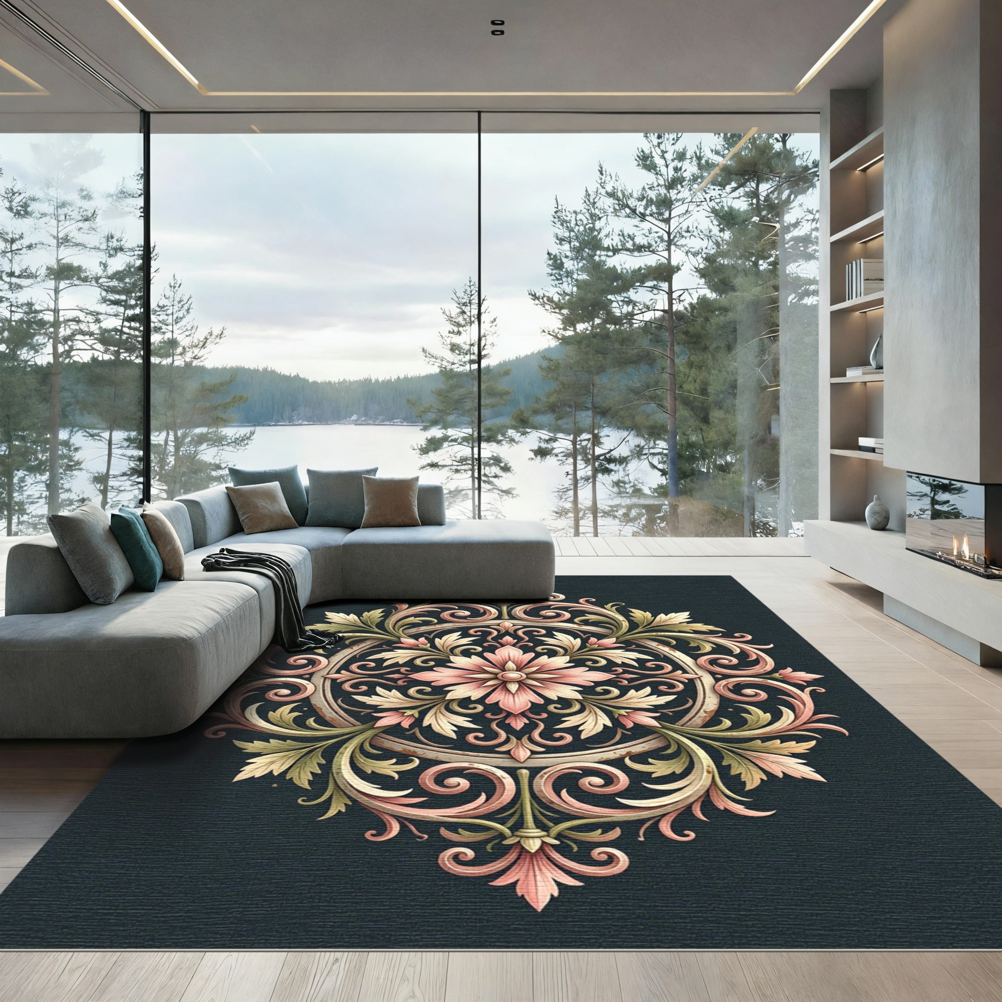 Elegant Blush Floral Scroll Medallion Rug