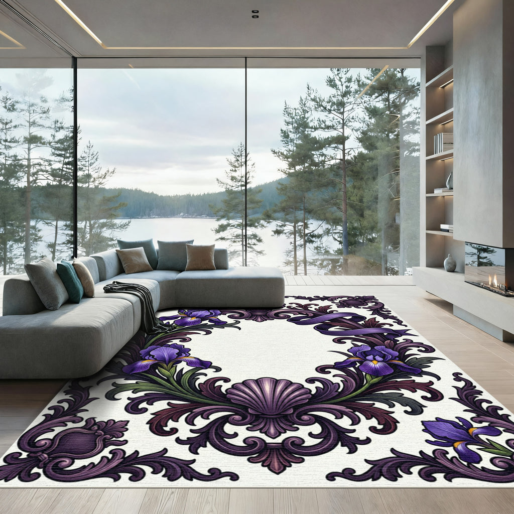 Elegant Purple Iris Floral Scrollwork Accent Rug