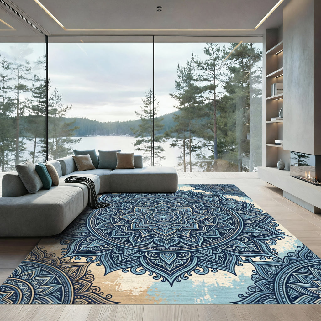Intricate Navy and Pale Blue Mandala Rug