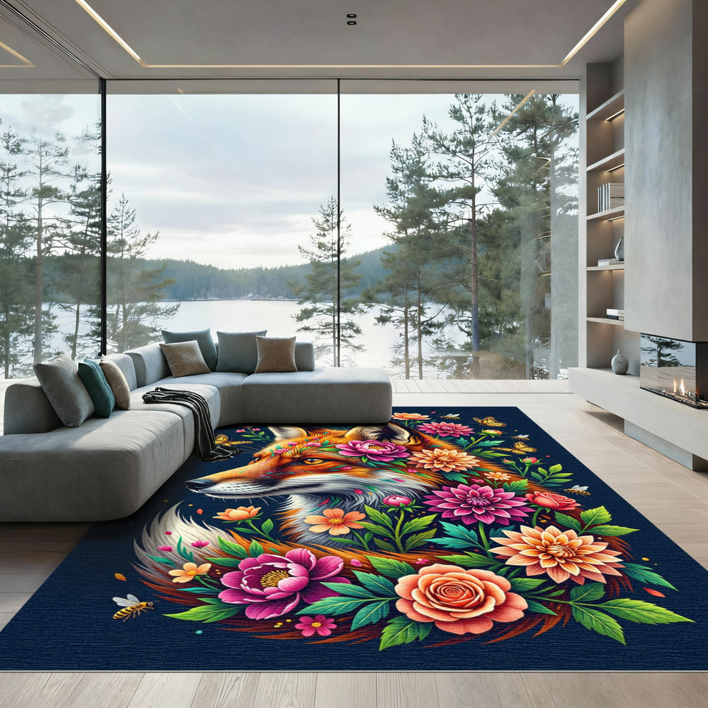Vibrant Fox Floral Botanical Illustration Rug