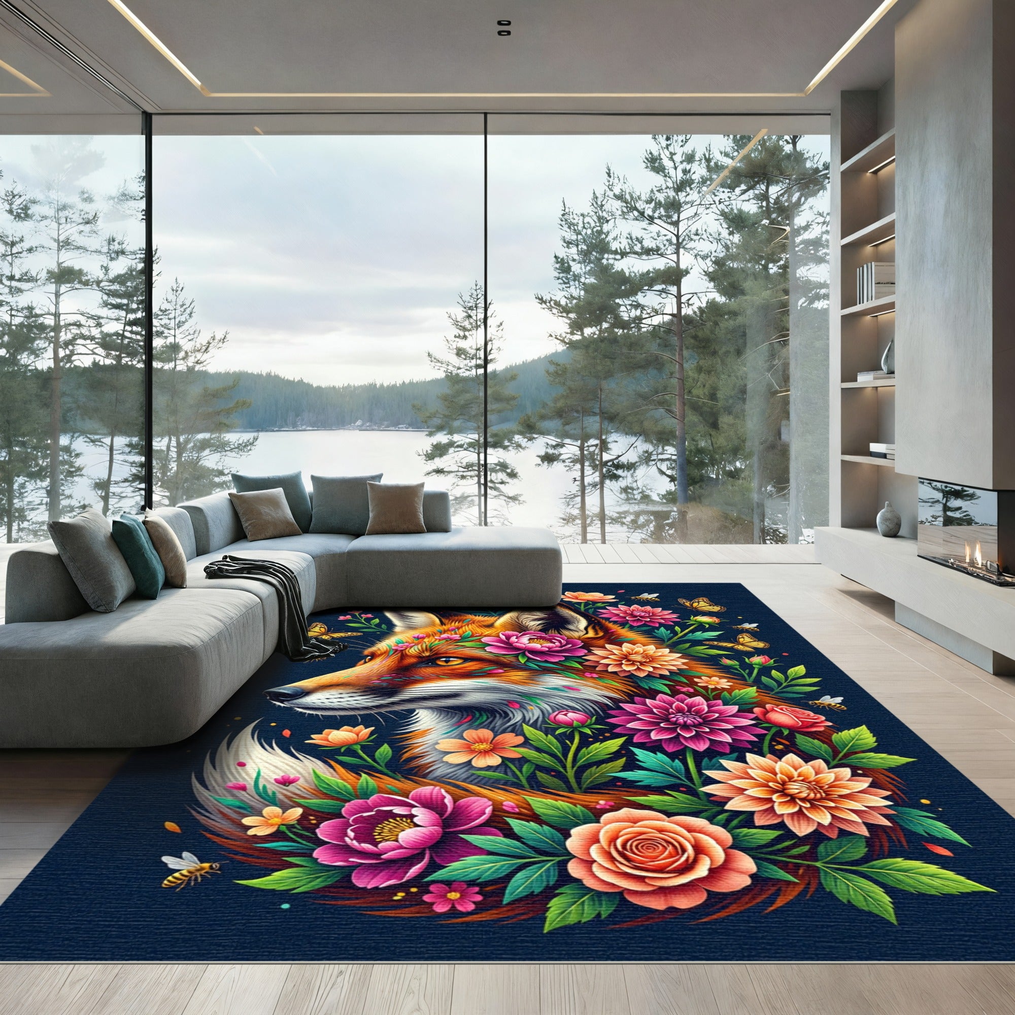 Vibrant Fox Floral Botanical Illustration Rug