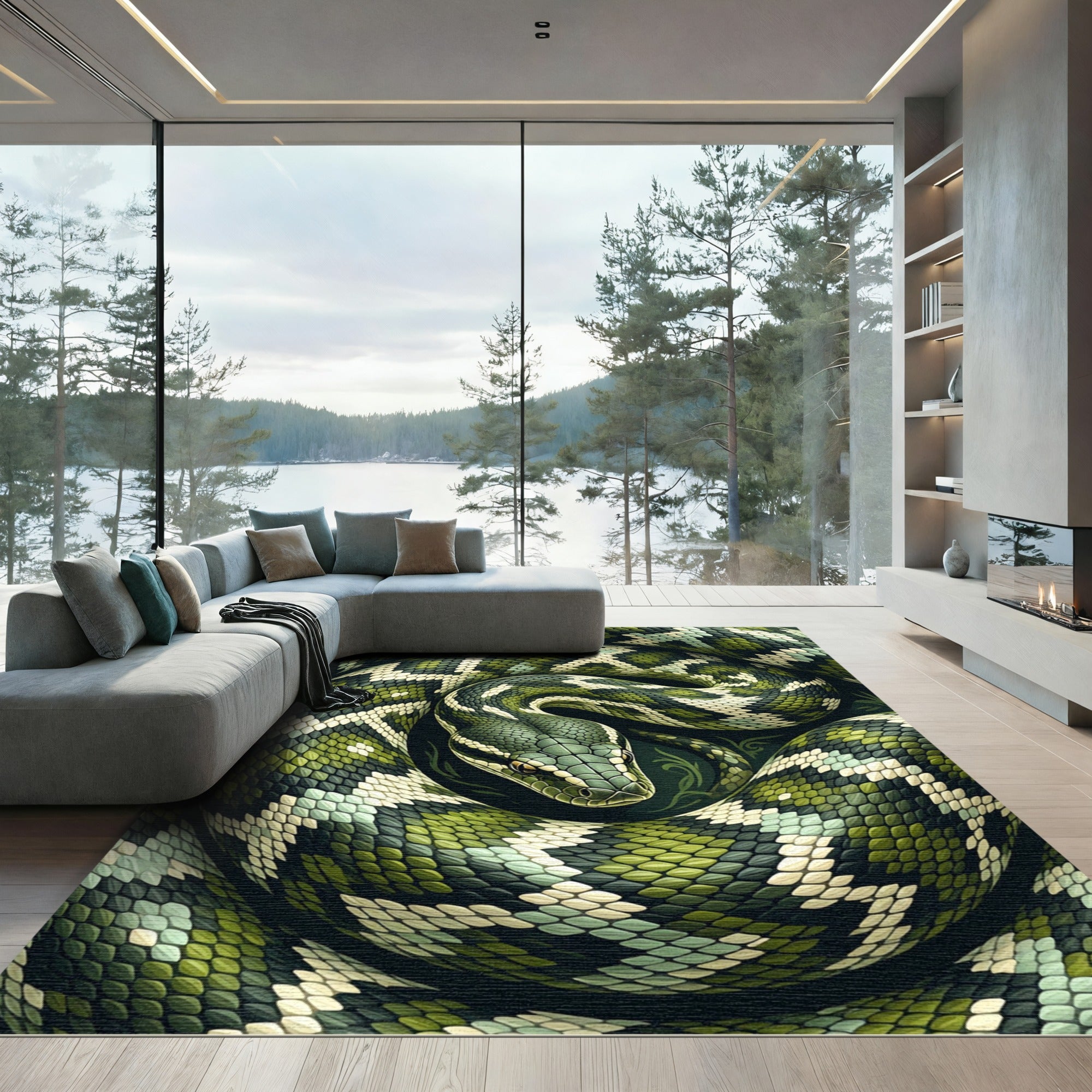 Coiled Emerald Forest Serpent Scale Rug
