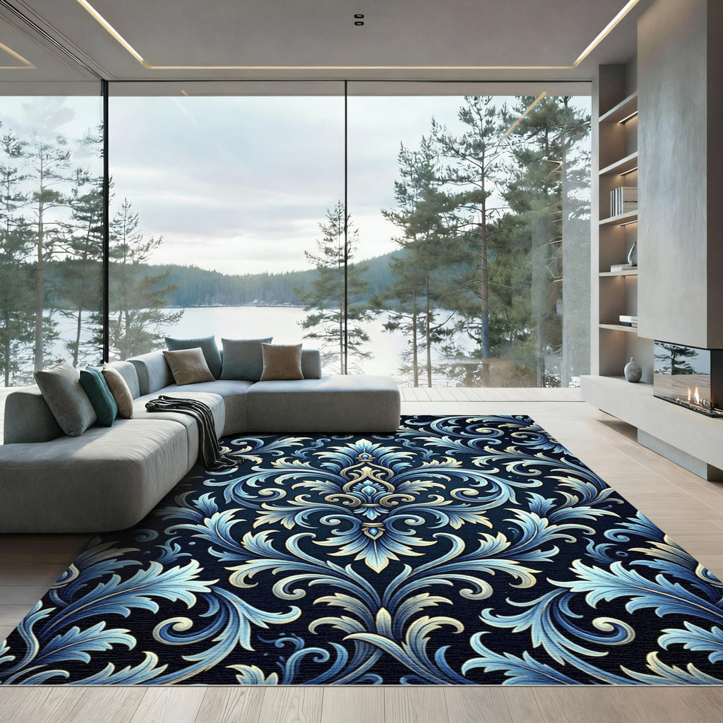 Elegant Blue Ornate Damask Scroll Rug