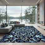 Elegant Blue Ornate Damask Scroll Rug
